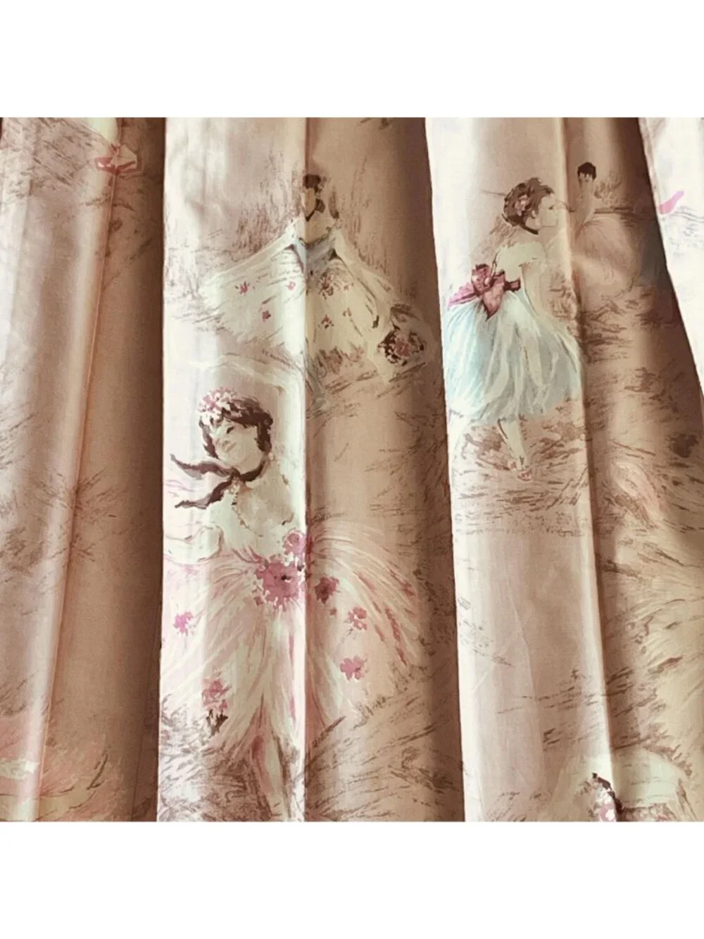 Pair Vintage Pink Ballerina Curtains Cotton Sateen With Pinch Pleats 40x40